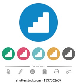 Stairs flat white icons on round color backgrounds. 6 bonus icons included.