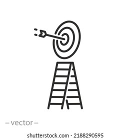 stairs to goal achievement icon, career success, ladder to target, thin line symbol on white background - editable stroke vector illustration
