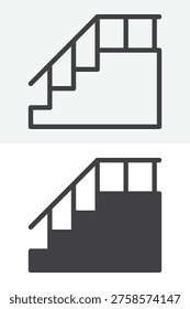 Stairs handrail icon set with steps and rail in line, outline and solid style. Stairs handrail icon vector sign and symbol with editable stroke for indoor access.