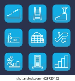 Stairs icon. Set of 9 outline staircase icons such as escalator, escalator up, ladder, stair, man going up, stairs, man on stairs