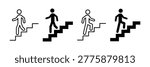 Stairs icon set. Bundle label sticker direction up and down stairs. Man on the stairs icon. Man climbing stairs icon. Exit direction evacuation ladder sign 