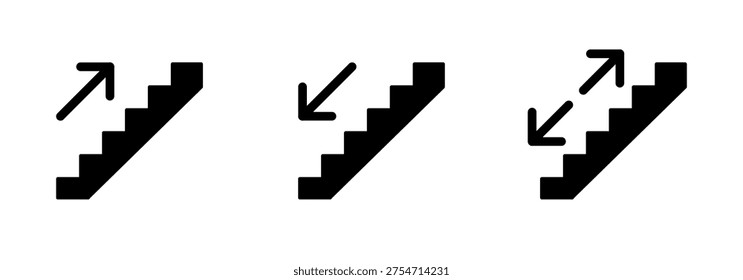 Stairs icon set, climb up and down stairs with directional arrows, staircase sign, escalator