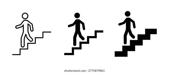 Stairs icon set. Man on the stairs icon. Man climbing stairs icon. Walking down the staircase or stairs.