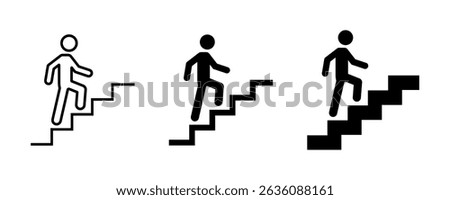 Stairs icon set. Man on the stairs icon. Man climbing stairs icon. Walking up staircase or stairs sign. Climb up stair sign. 