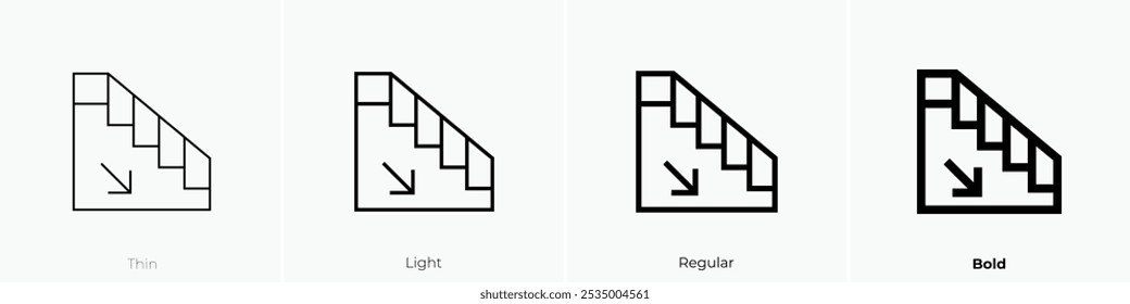 Icono de escaleras. Diseño de estilo delgado, ligero, regular y audaz aislado sobre fondo blanco