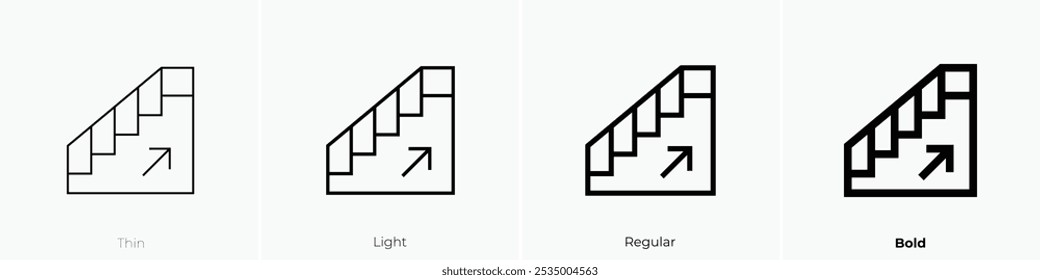 Icono de escaleras. Diseño de estilo delgado, ligero, regular y audaz aislado sobre fondo blanco