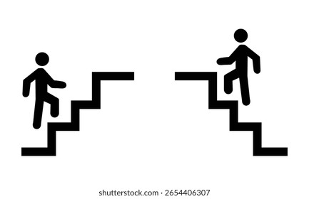 Symbolvektor für Treppen, Abwärts Treppen. Unteres Symbol-Zeichen. Treppen- oder Treppenzeichen heruntergehen, flaches Vektorsymbol, Symbol unten, Symbol für einzelne Zeichen, Vektor. EPS 10 . 