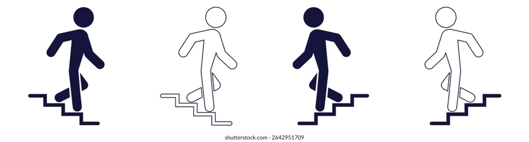 Vetor de ícone de escadas. Ícone de vetor plano de sinal de escada ou escada para cima, Sinal de escada para cima. Ícone de escada superior do vetor de símbolo de sinal isolado. Homem subindo escadas. Suba na escada. 