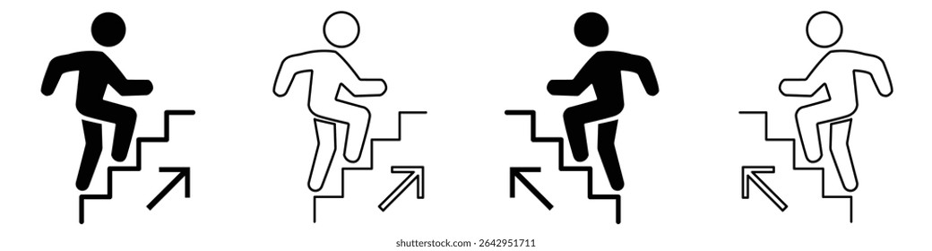 Vetor de ícone de escadas. Ícone de vetor plano de sinal de escada ou escada para cima, Sinal de escada para cima. Ícone de escada superior do vetor de símbolo de sinal isolado. Homem subindo escadas. Suba na escada. 