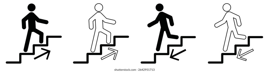 Vetor de ícone de escadas. Ícone de vetor plano de sinal de escada ou escada para cima, Sinal de escada para cima. Ícone de escada superior do vetor de símbolo de sinal isolado. Homem subindo escadas. Suba na escada. 