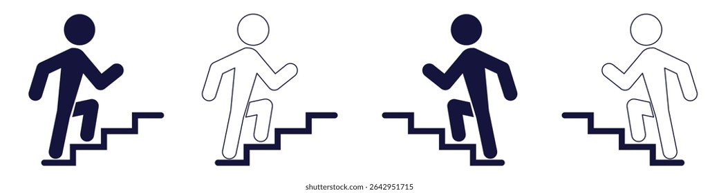 Vetor de ícone de escadas. Ícone de vetor plano de sinal de escada ou escada para cima, Sinal de escada para cima. Ícone de escada superior do vetor de símbolo de sinal isolado. Homem subindo escadas. Suba na escada. 