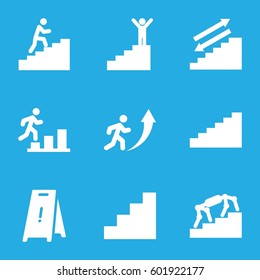 stairs icons set. Set of 9 stairs filled icons such as wet floor, stair