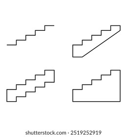 Ícones de escadas. Conjunto de símbolos de escadas. Ícones de vetor de escadas. Símbolos das escadas. Ícones de escada. Sinal de símbolo de escada de mão para cima ou para baixo. Sinal do metrô. Ilustração de vetor plano. Ícones da estrutura de tópicos de traçados.