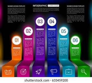 Stairs infographic design template with 6 multi colored successively connected circular elements with icons, and text boxes. Abstract stair step to success.