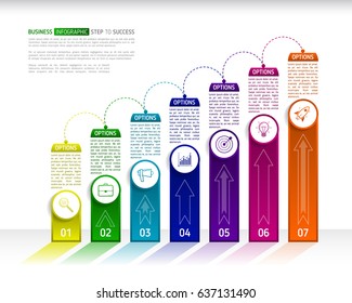 Stairs infographic design template with 7 multi colored successively connected circular elements with icons, and text boxes. Abstract seven stairs to success with arrows.