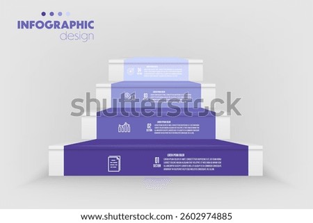 Stairs infographic template for workflow presentation with steps icons, 3D 4 step diagram.