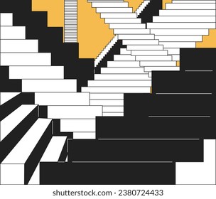 Stairs labyrinth abstraction black and white 2D illustration concept. Mystery geometric architecture isolated cartoon outline scene. Surreal stairway construction metaphor monochrome vector art