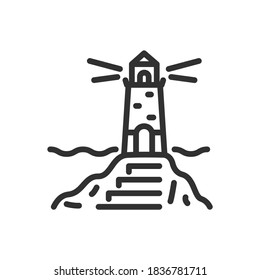 The stairs leading to the lighthouse on the seashore. Lighthouse on the cliff, linear icon. Editable stroke