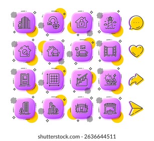 Stairs, Lighthouse and Agent line icons. App 3d buttons. Social media comment, share, like icons. Pack of Furniture moving, Open door, Building energy icon. Vector