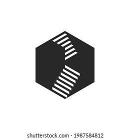 Stairs Logo With Steps Black And White Negative Space Style, Hexagon 3d Illusion Geometric Shape.