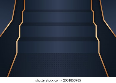 stairs with many steps. Staircase up front view in perspective. Vector illustration gradient design with gold ornament. dark blue background with gold border. Way forward concept.