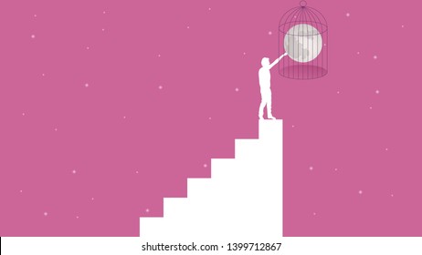 Stairs to the Moon vector illustration. Moon into the cage