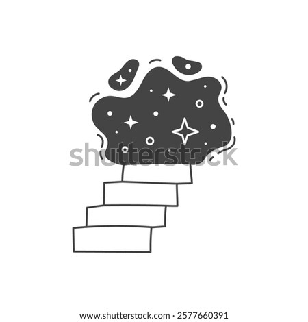 Stairs to the Night Sky illustration. Vector cosmic stairway. Universe portal. Staircase in doodle style with stars and dots. Celestial surreal magic symbol