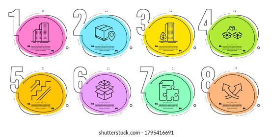 Stairs, Packing boxes and Parcel shipping signs. Timeline steps infographic. Intersection arrows, Parcel tracking and Strategy line icons set. Skyscraper buildings, Buildings symbols. Vector