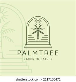 Stairs And Palm Tree Logo Line Art Simple Minimalist Vector Illustration Template Icon Graphic Design. Abstract Door Inside Nature With Sunburst At Tropical Place