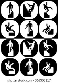 Stairs and people.
Black and white images, symbols of different human activities in the icons.