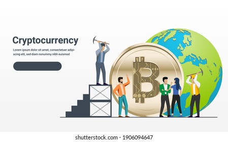 Stairs and people with pickaxe mining on giant coin on global background. Cryptocurrency concept some Elements of this image furnished by NASA