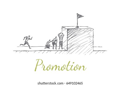 Stairs of people. Vector concept illustration. Hand drawn sketch. Lettering promotion.