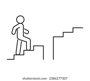 Escala la persona con un obstáculo, un icono de línea. Escalera, pasos con dificultad. Subiendo en el trabajo, carrera. Trazo editable. Ilustración del vector