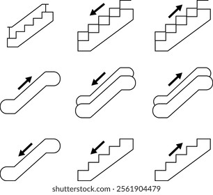 Stairs realistic icon set. Architectural object staircase up steps black line vector collection isolated on transparent background. Modern templates interior staircase architecture direction.