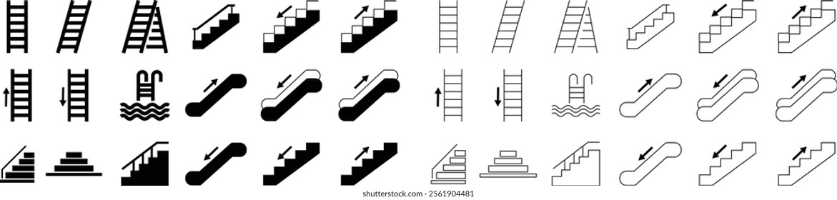 Stairs realistic icon set. Architectural object staircase up steps black flat and line vector collection isolated on transparent background. Modern templates interior staircase architecture direction.