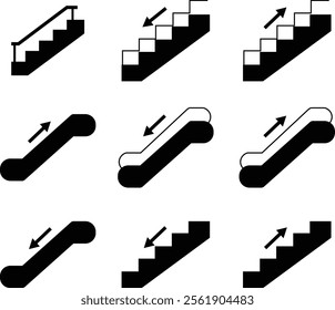 Stairs realistic icon set. Architectural object staircase up steps black flat vector collection isolated on transparent background. Modern templates interior staircase architecture direction.