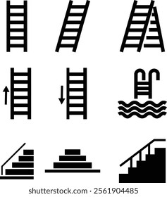 Stairs realistic icon set. Architectural object staircase up steps black flat vector collection isolated on transparent background. Modern templates interior staircase architecture direction.