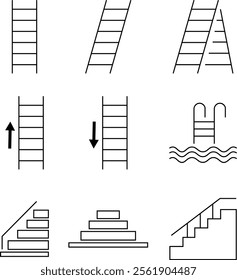 Stairs realistic icon set. Architectural object staircase up steps black line vector collection isolated on transparent background. Modern templates interior staircase architecture direction.