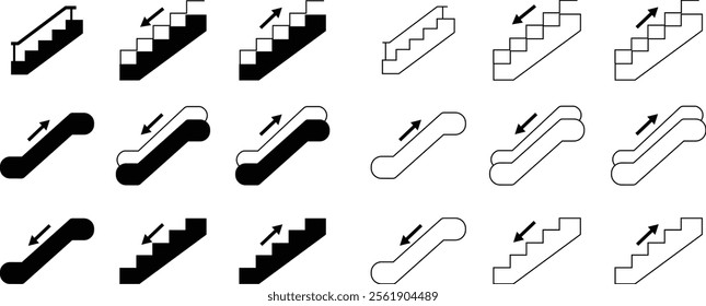 Stairs realistic icon set. Architectural object staircase up steps black flat and line vector collection isolated on transparent background. Modern templates interior staircase architecture direction.