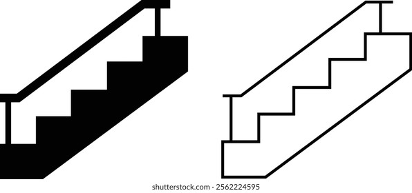 Stairs realistic icon set. Architectural object staircase up steps black flat and line vector collection isolated on transparent background. Modern templates interior staircase architecture direction.