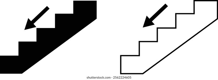 Stairs realistic icon set. Architectural object staircase up steps black flat and line vector collection isolated on transparent background. Modern templates interior staircase architecture direction.