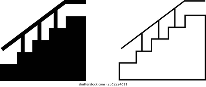 Stairs realistic icon set. Architectural object staircase up steps black flat and line vector collection isolated on transparent background. Modern templates interior staircase architecture direction.