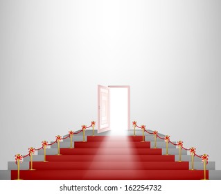 Stairs with red velvet carpet and bows. Vector illustration