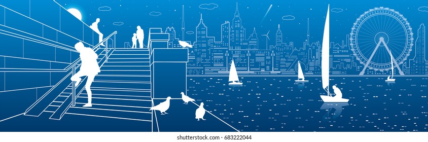 Stairs at the river embankment, people on steps. Yachts on the water. Doves are sitting parapet. Evening city in the background. Ferris wheel. vector design art