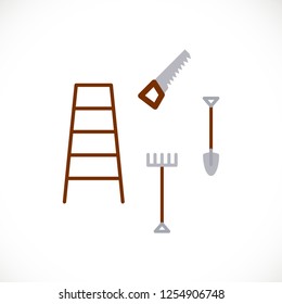 Stairs, saw, rake, and shovel. Vector illustration in flat style
