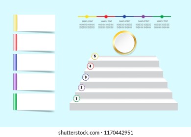 Stairs are showing the five steps for achieve success. Empty paper labels are ready for your text.