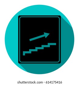Stairs sign with arrow. Vector. Flat black icon with flat shadow on sky circle with white background. Isolated.