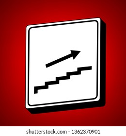 Stairs sign with arrow. Vector. Perspective view of white icon with black outline at reddish background.