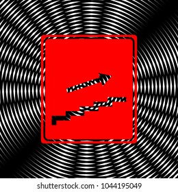 Stairs sign with arrow. Vector. Red icon on white and black radial interference as background.