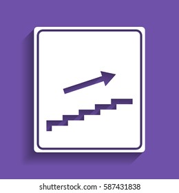 Stairs sign with arrow. Vector. White icon with soft shadow on grape violet background.